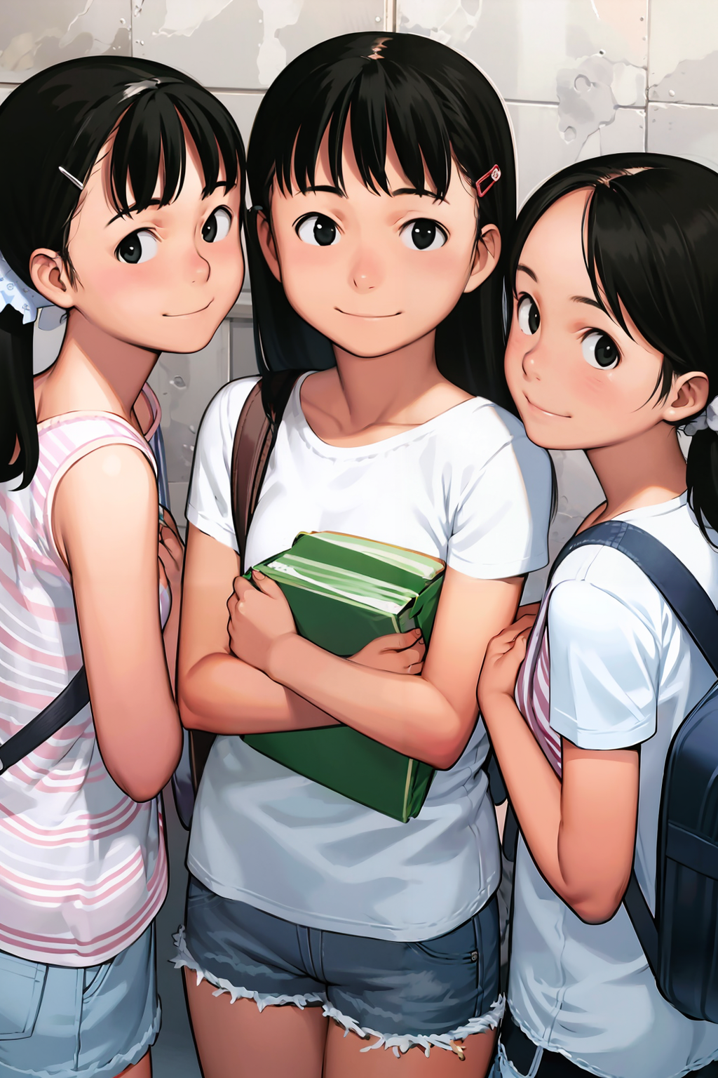 00754-2206915705-masterpiece, best quality,_lora_comiclo_1_,multiple girls, 3girls, backpack, bag, black hair, hat, hair ornament, ponytail, hair.png